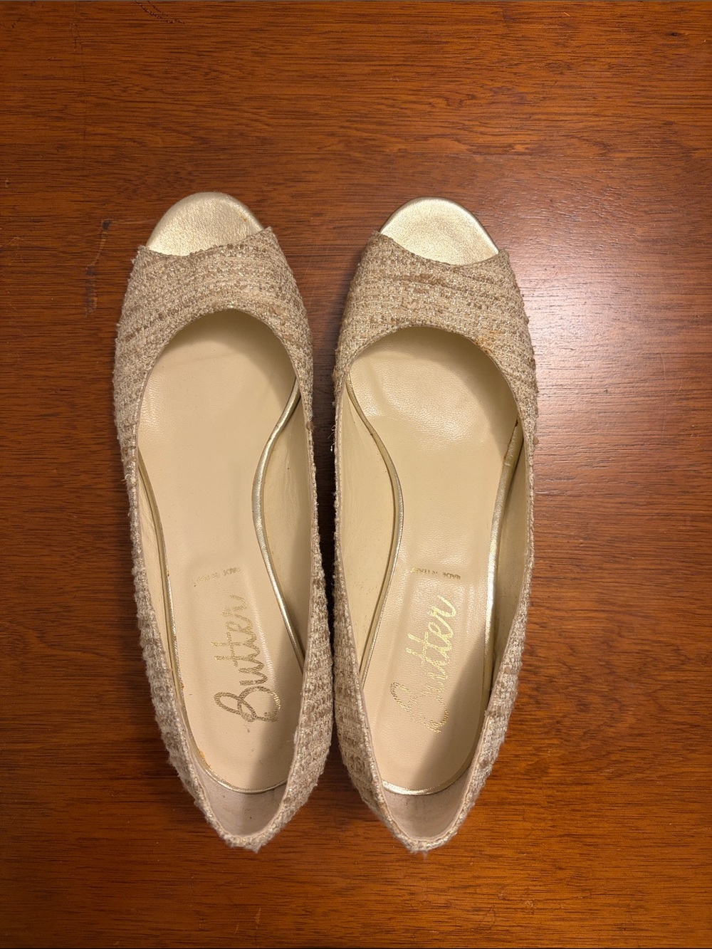 Butter Cream Tweed Peep-Toe Flats